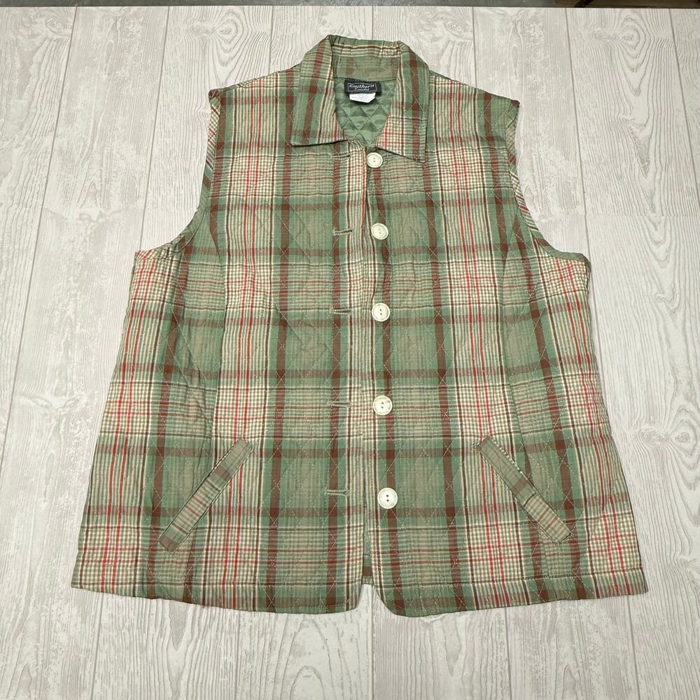 Vintage Southern Lady Quilted Vest Women's Size M Plaid Green Brown Button Front